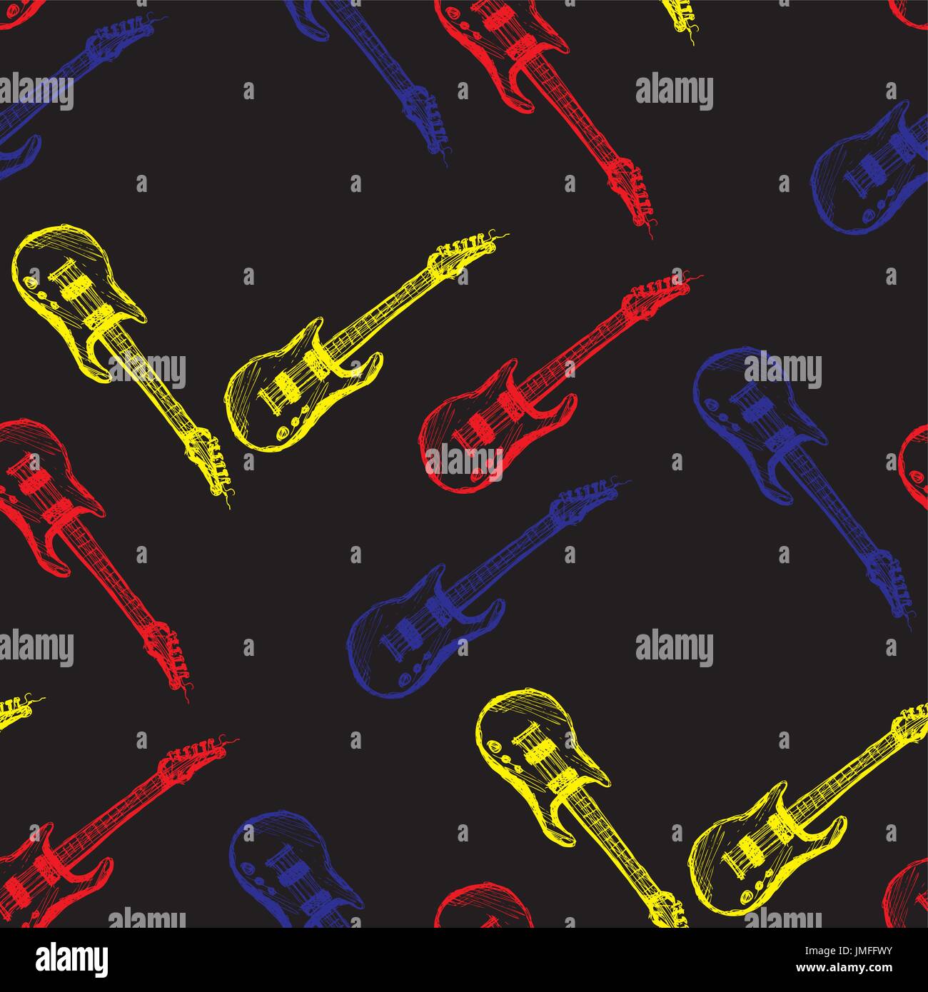 Seamless pattern Colored guitar on a black background. Seamless pattern can be used for wallpaper, pattern fills, web page backgrounds, surface textur Stock Vector