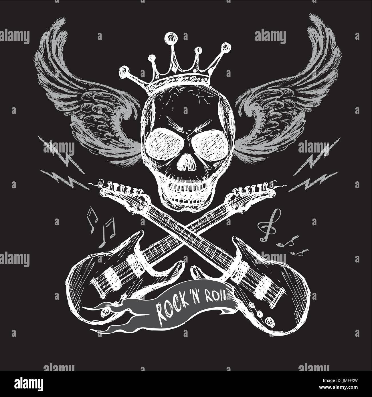 Rock and roll skull guitar on black. Hand drawing. Vector Stock Vector  Image & Art - Alamy