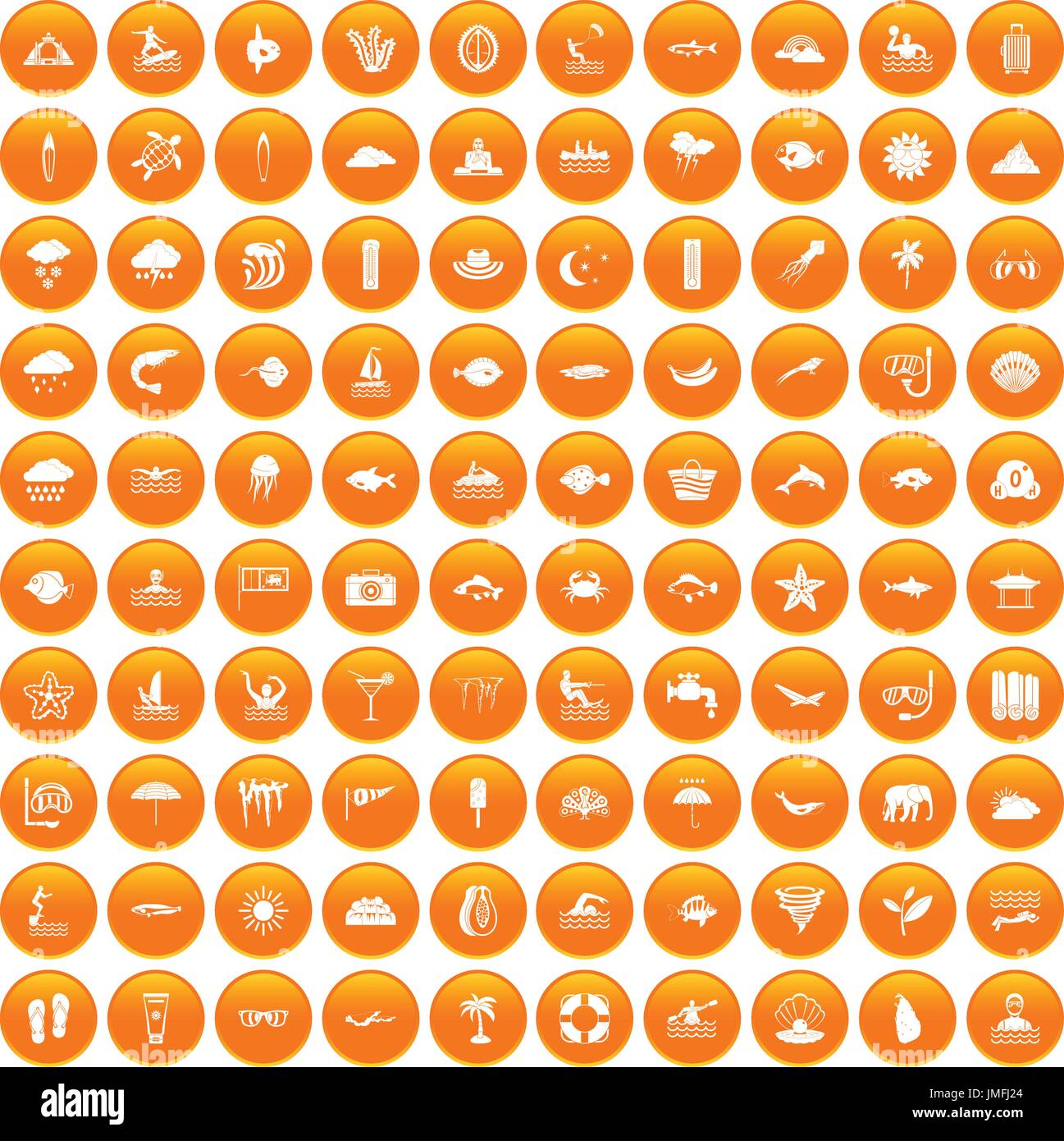 100 diving icons set orange Stock Vector