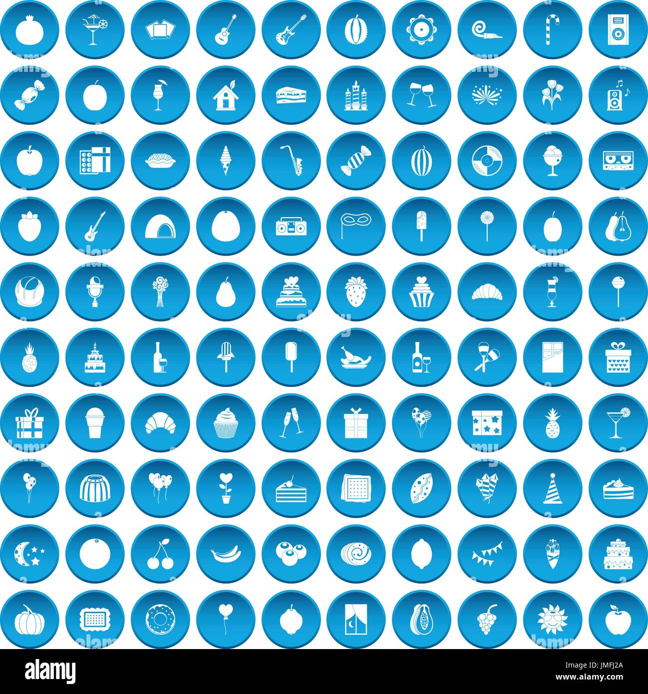 100 fruit party icons set blue Stock Vector