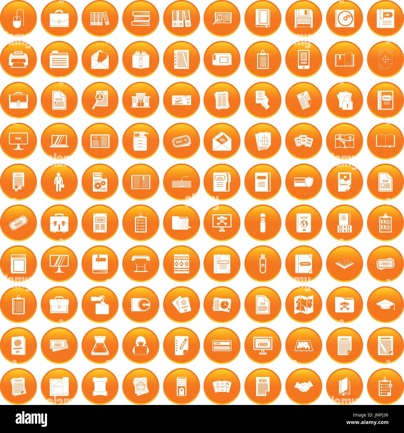 100 document icons set orange Stock Vector