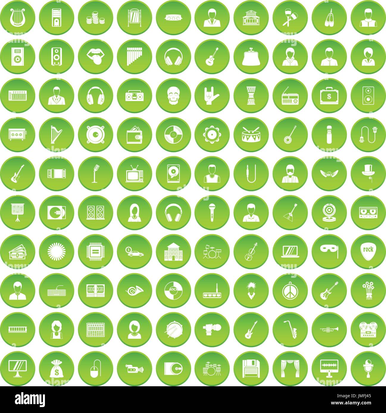100 music icons set green Stock Vector
