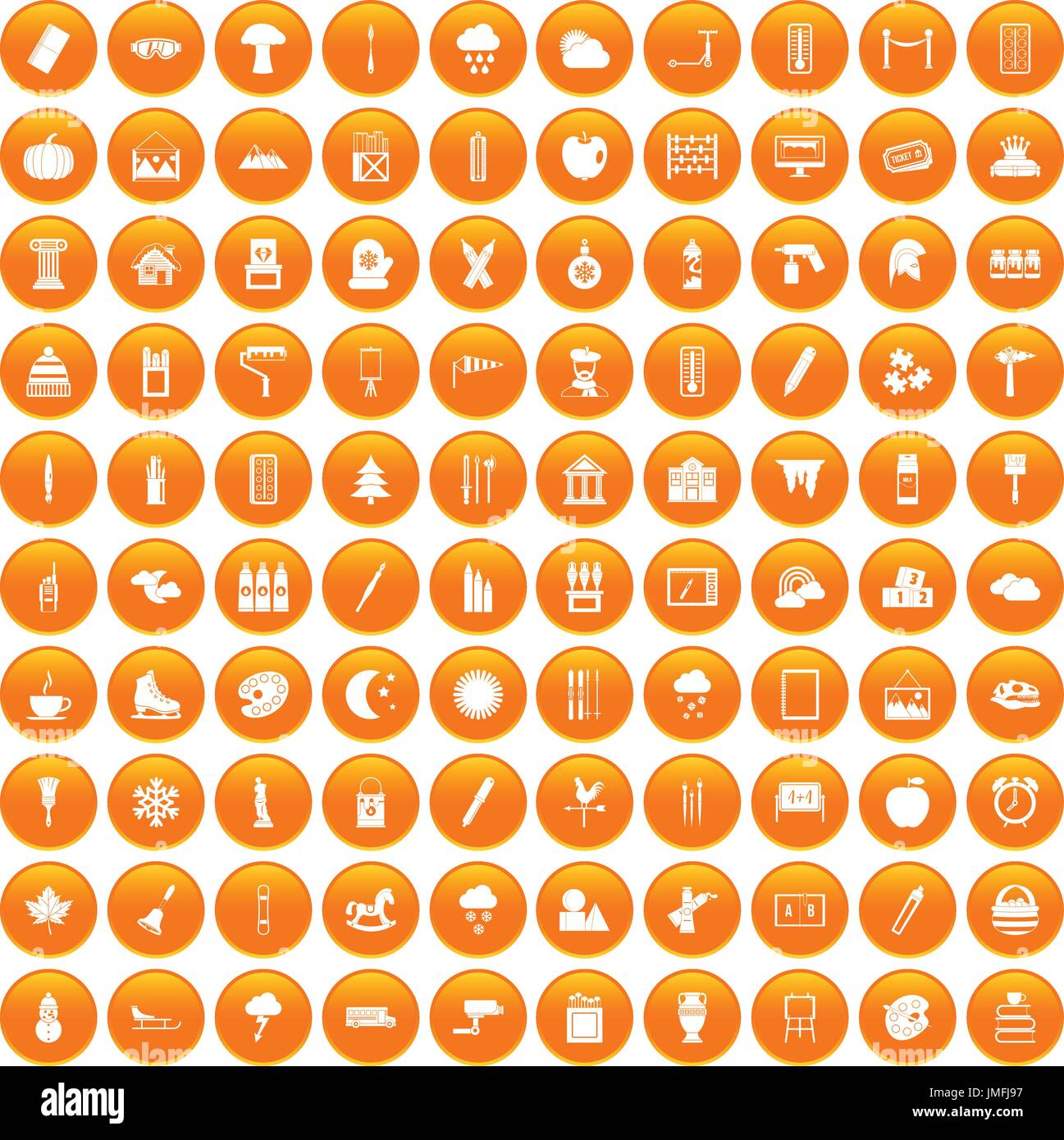 100 drawing icons set orange Stock Vector