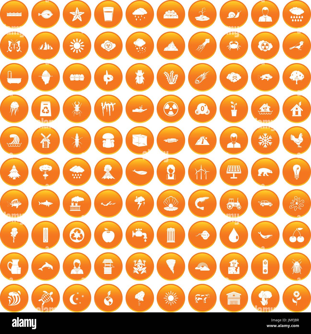 100 earth icons set orange Stock Vector