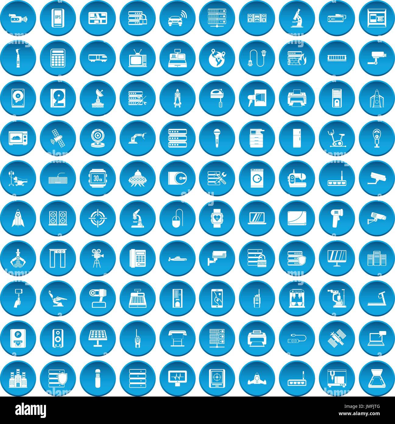 100 hardware icons set blue Stock Vector