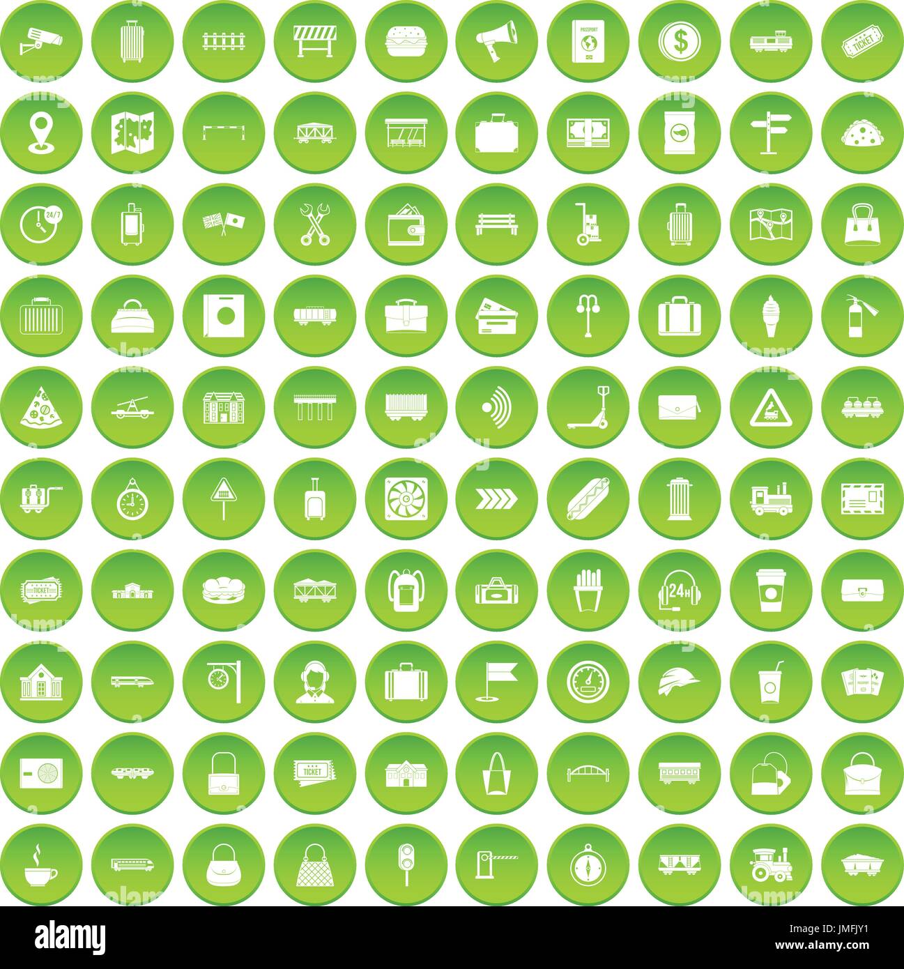 100 railway icons set green Stock Vector