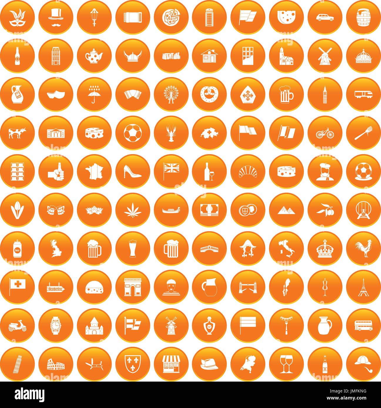100 europe countries icons set orange Stock Vector