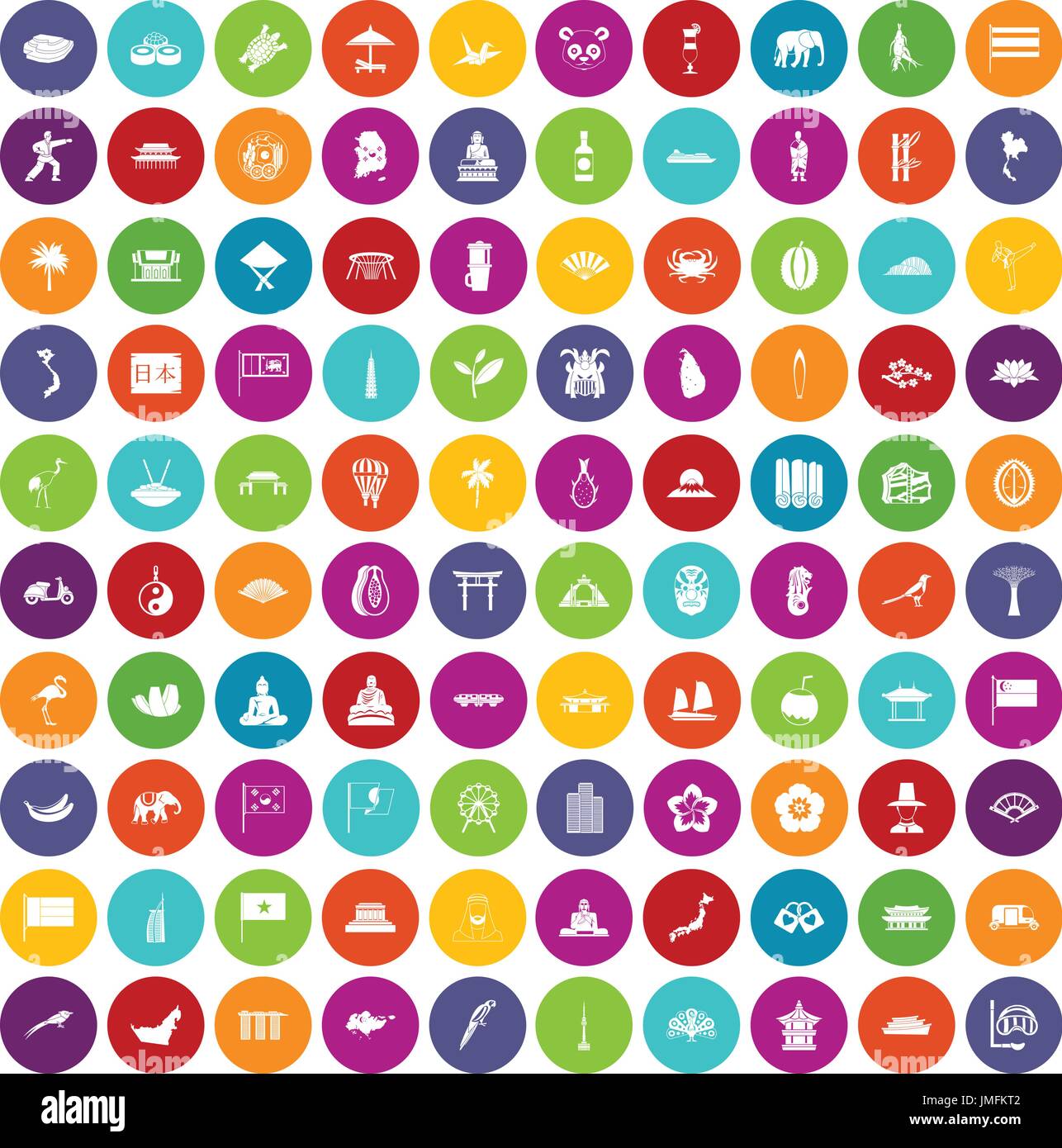100 asian icons set color Stock Vector