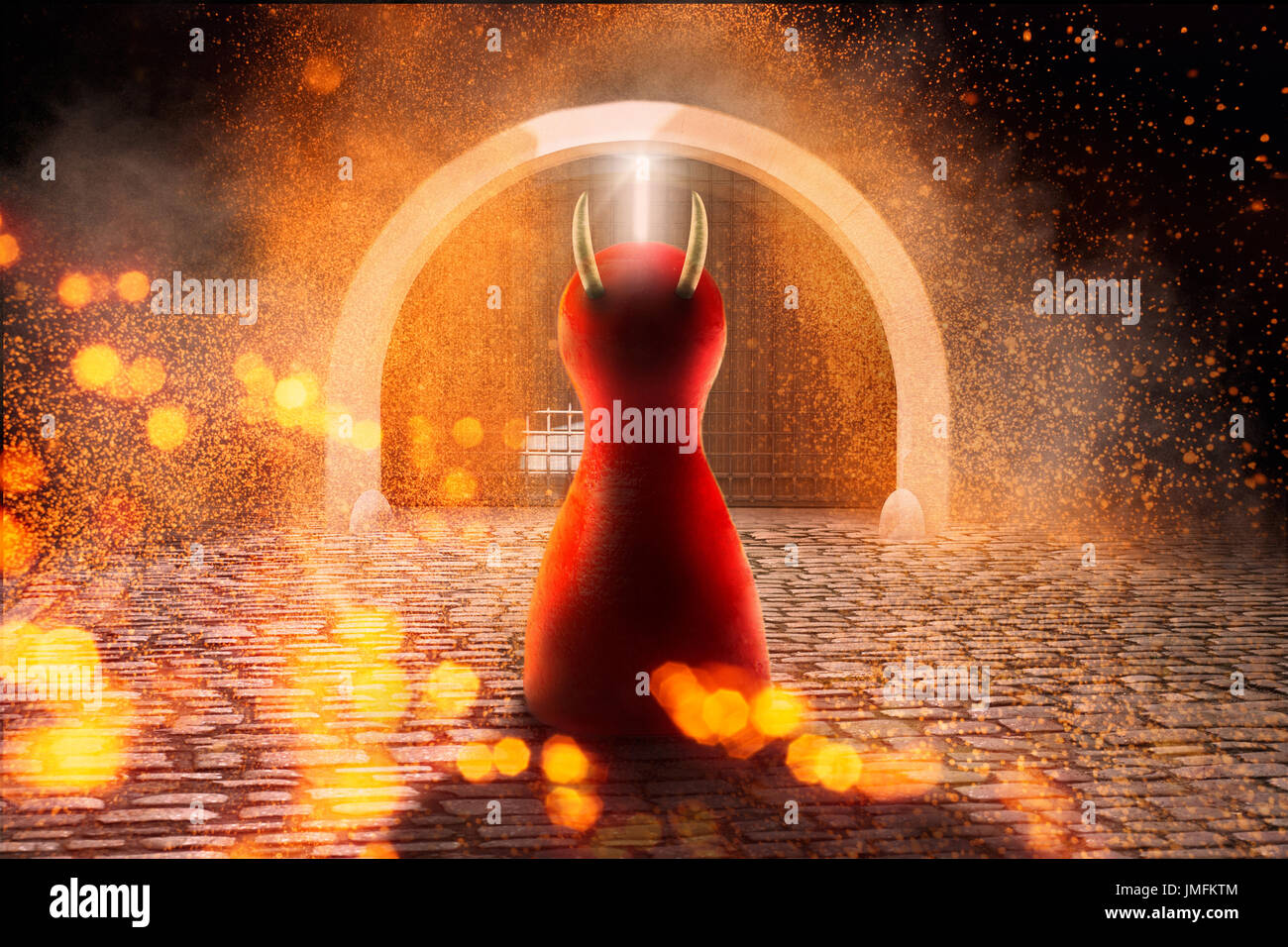 Devil figure in front of the door to the hell. WIth Copy space. Creative concept. Stock Photo