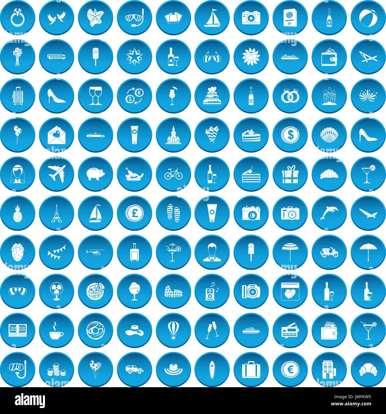 100 honeymoon icons set blue Stock Vector