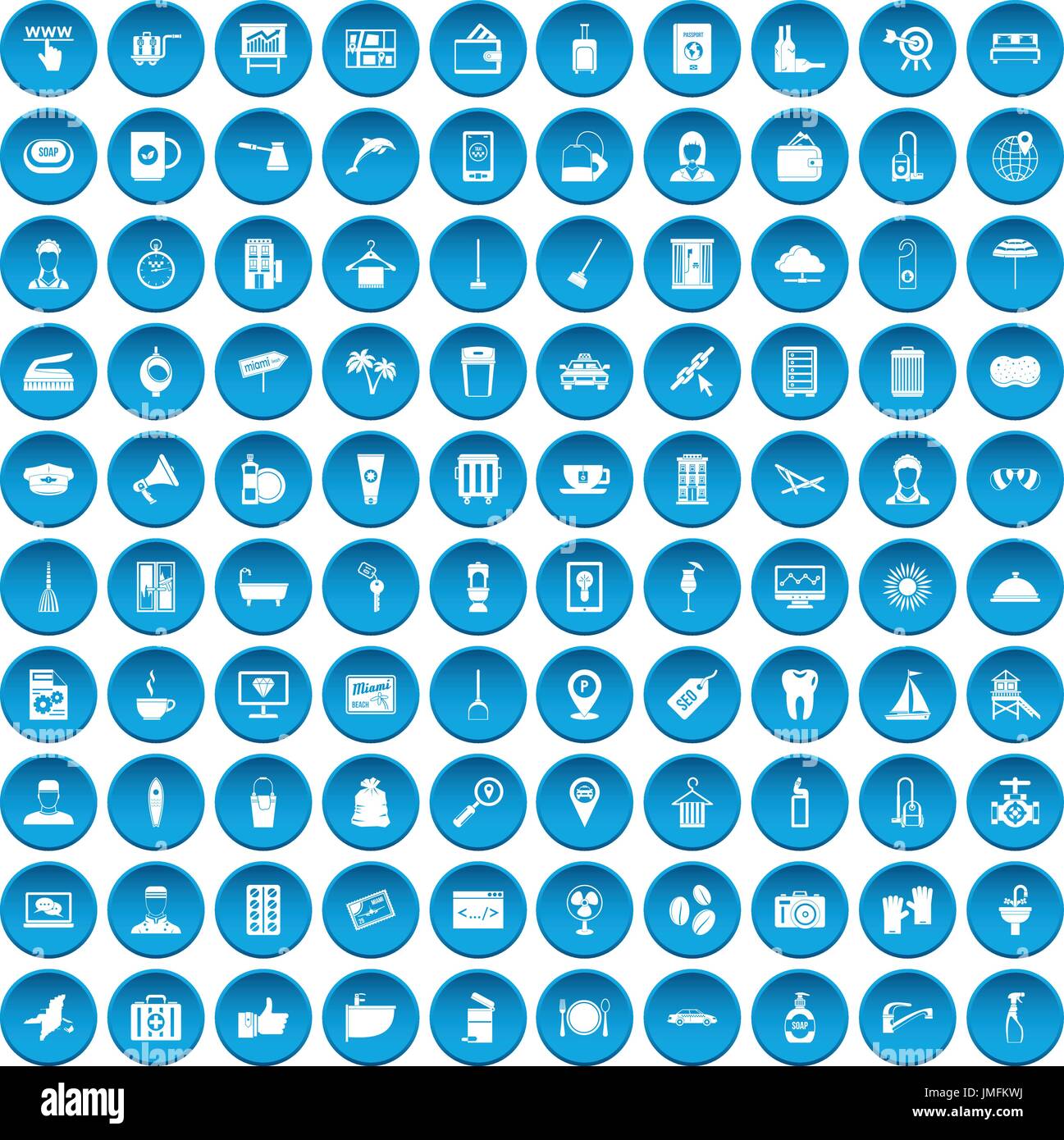 100 hotel services icons set blue Stock Vector