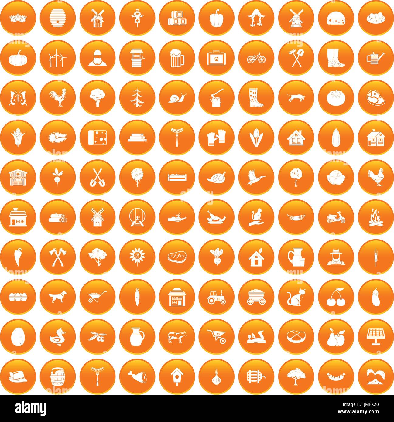 100 farm icons set orange Stock Vector