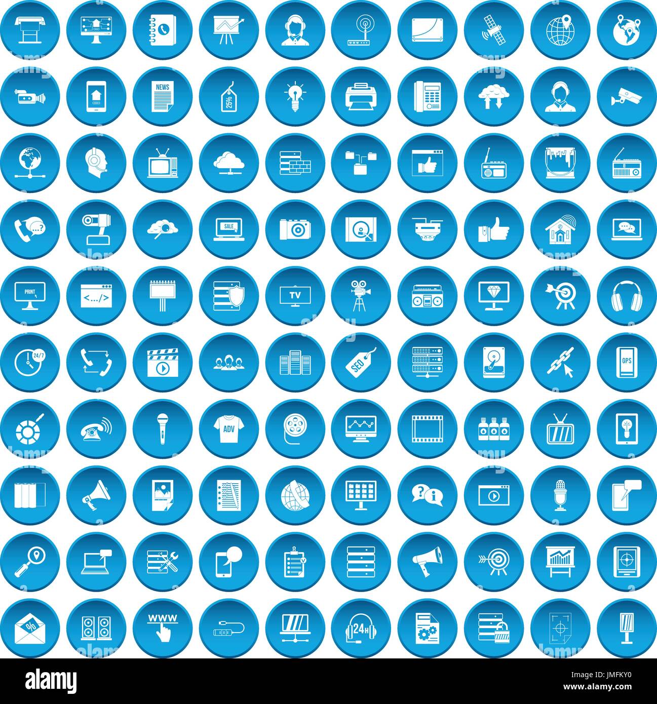 100 information technology icons set blue Stock Vector