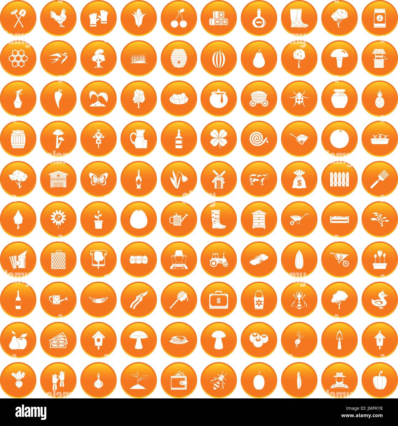 100 farming icons set orange Stock Vector