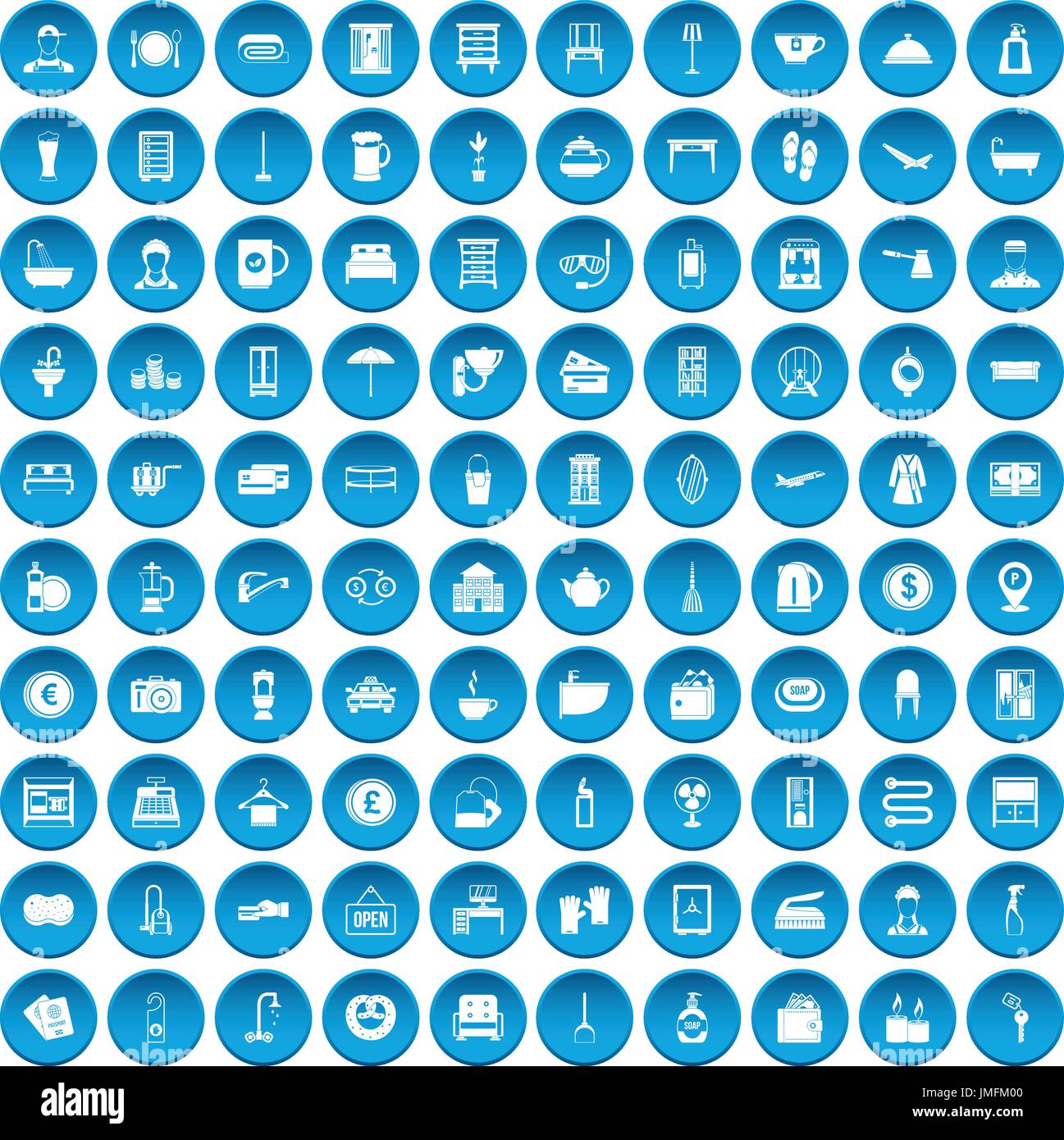 100 inn icons set blue Stock Vector