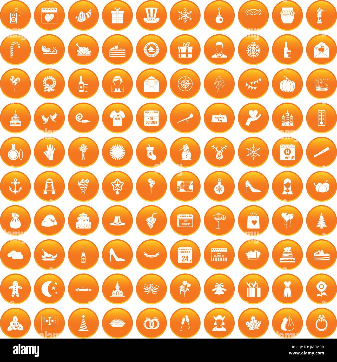 100 festive day icons set orange Stock Vector