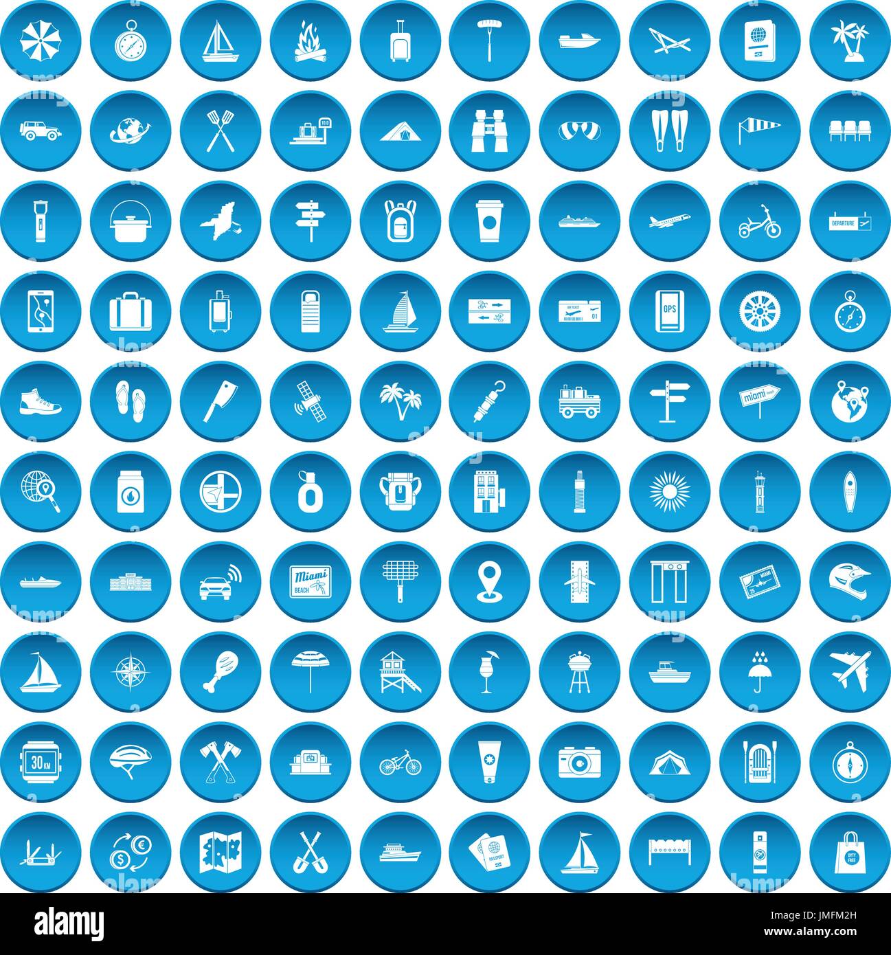 100 journey icons set blue Stock Vector