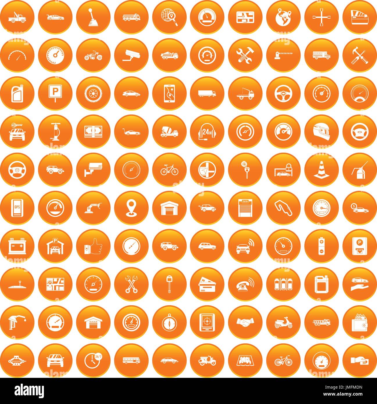 100 garage icons set orange Stock Vector