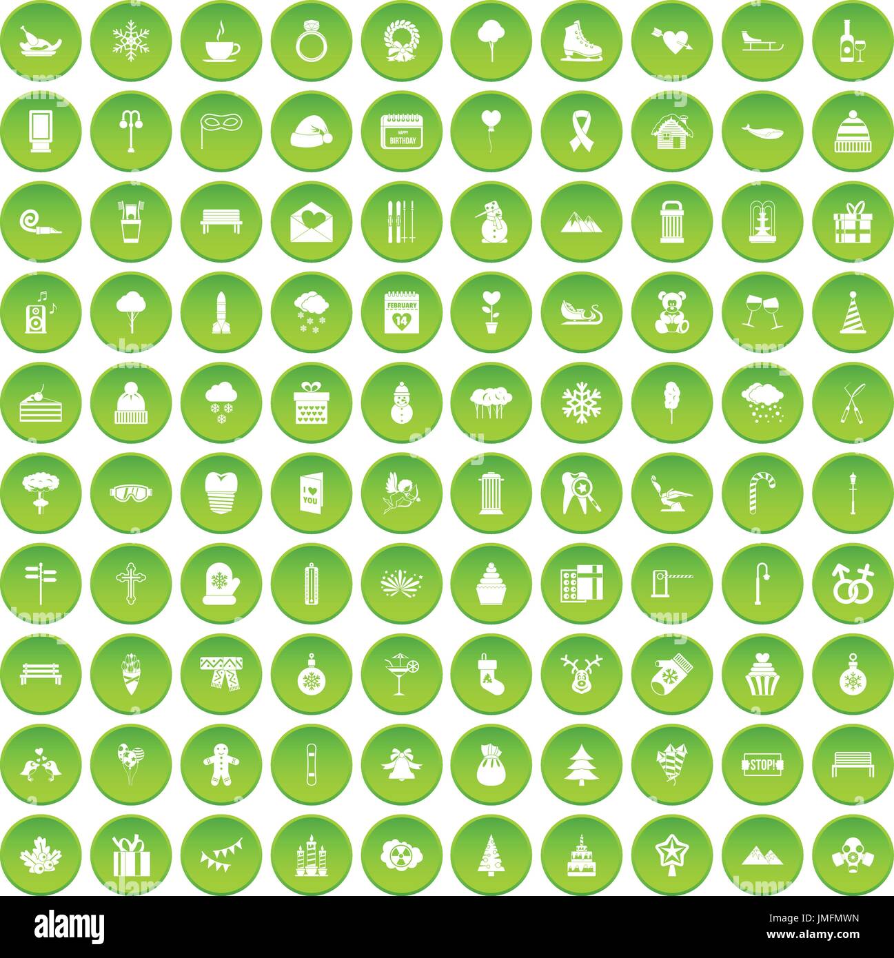 100 winter holidays icons set green Stock Vector