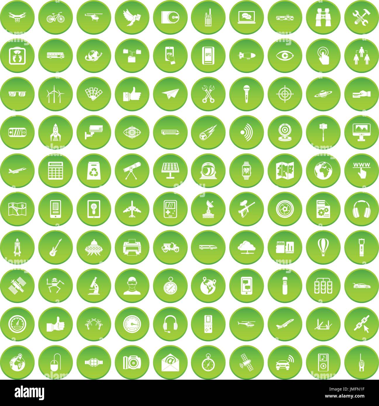 100 wireless technology icons set green Stock Vector