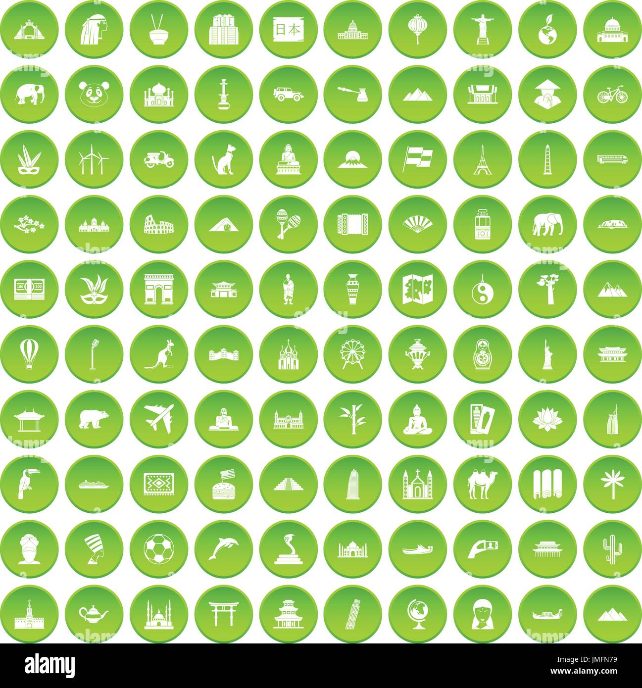 100 world tour icons set green Stock Vector