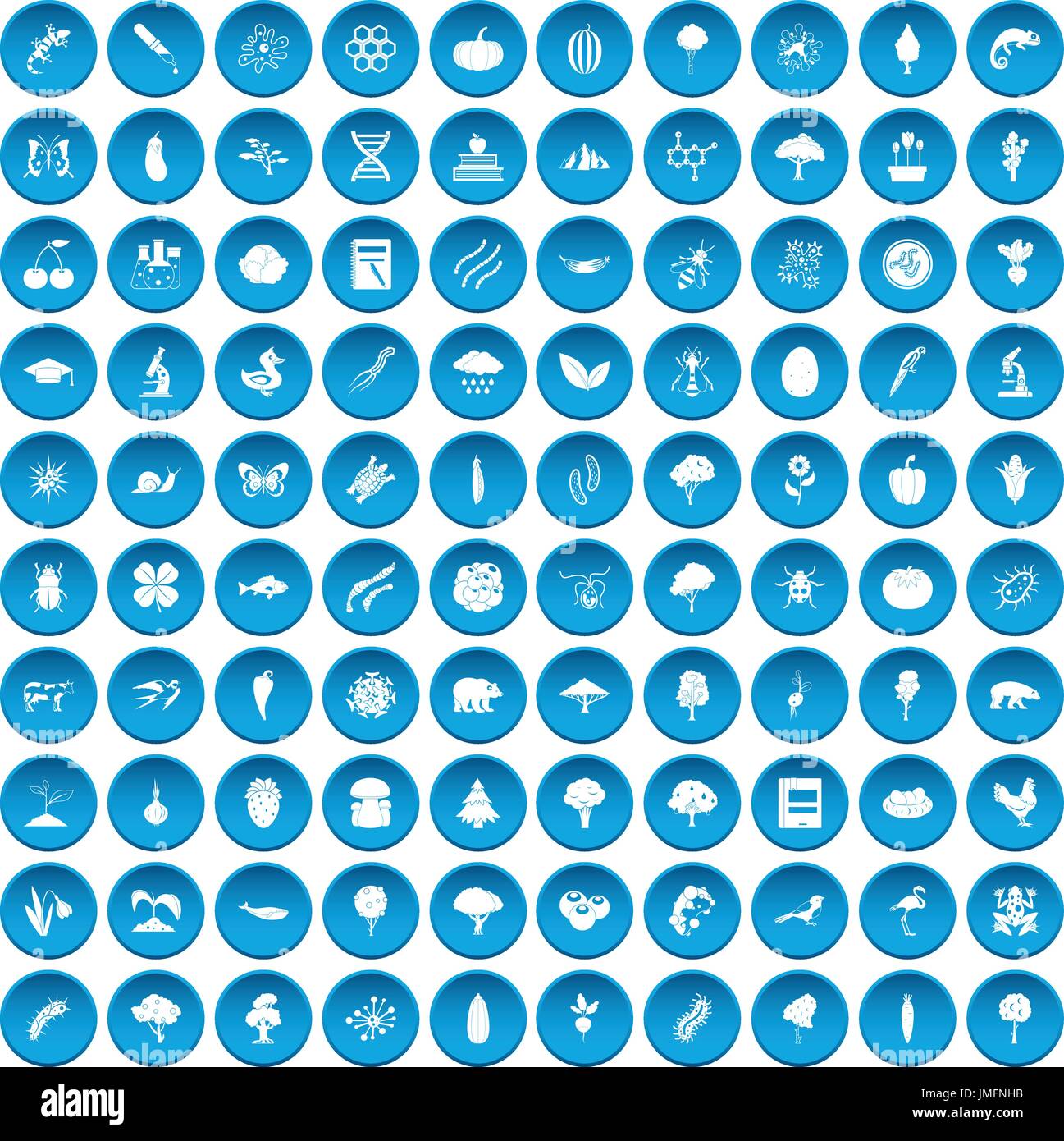 100 microbiology icons set blue Stock Vector