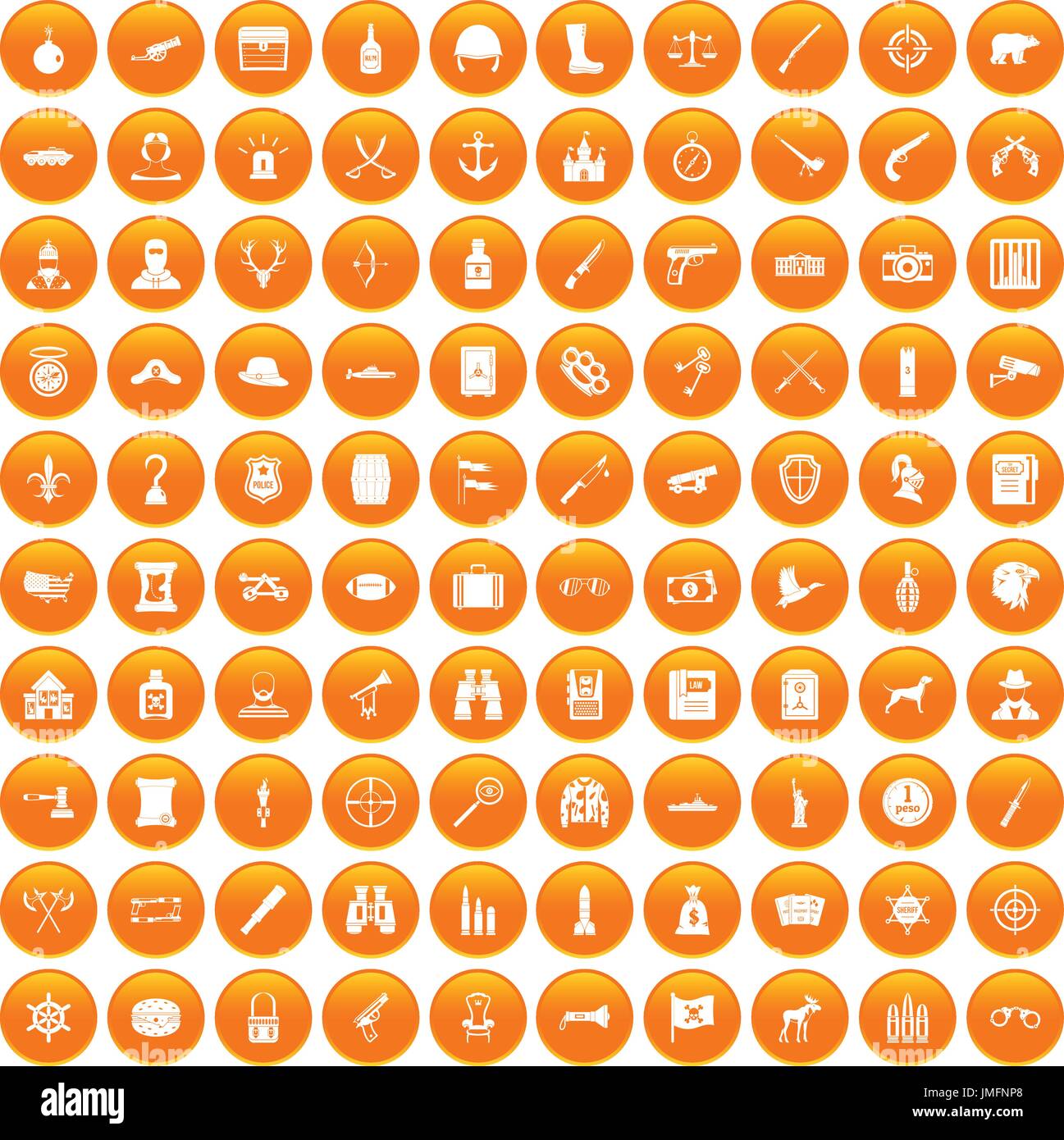 100 guns icons set orange Stock Vector