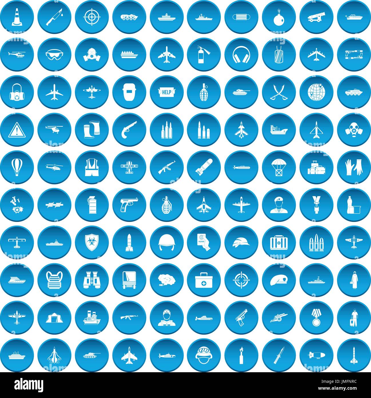 100 military resources icons set blue Stock Vector