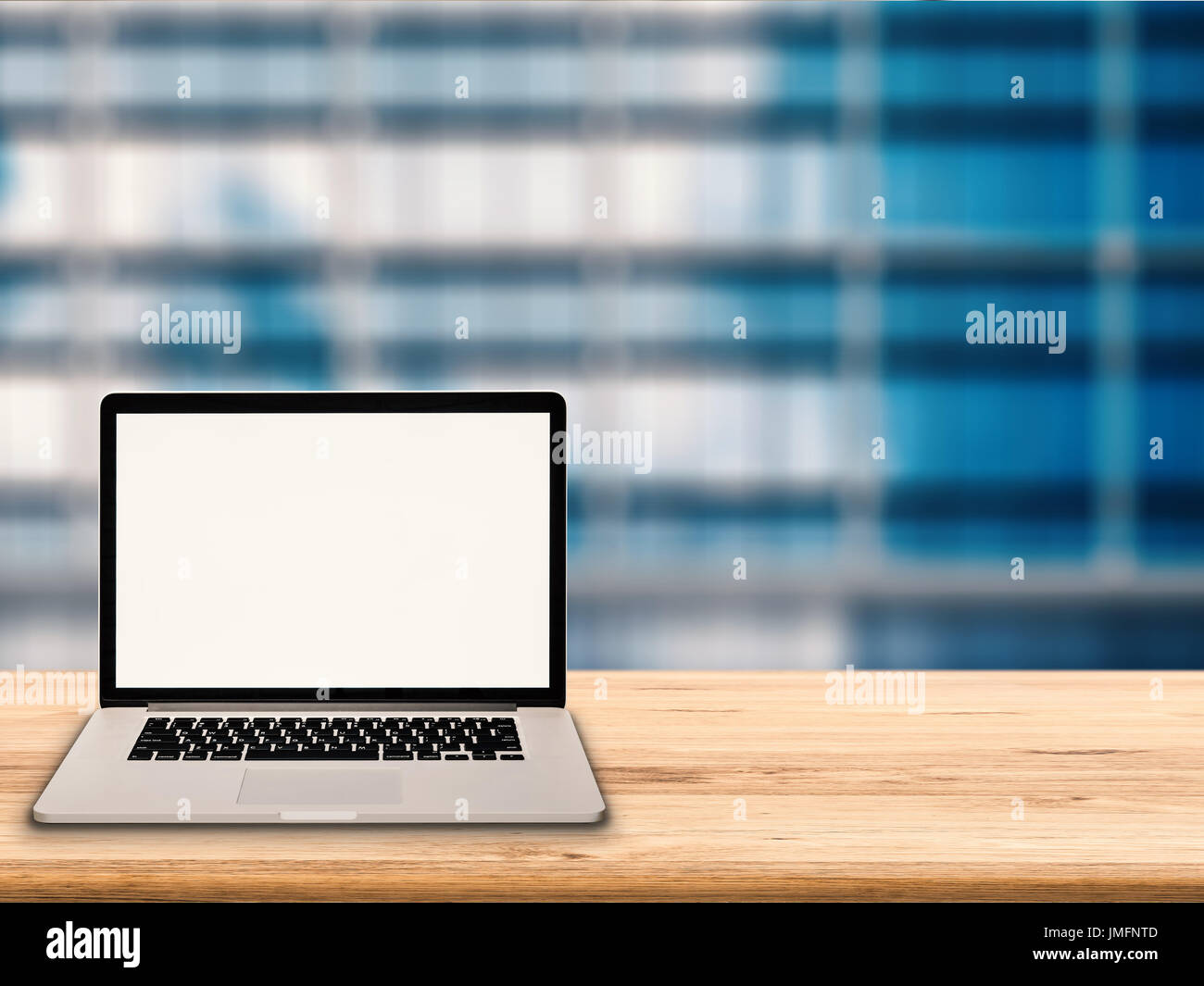 blank screen notebook on wooden table Stock Photo