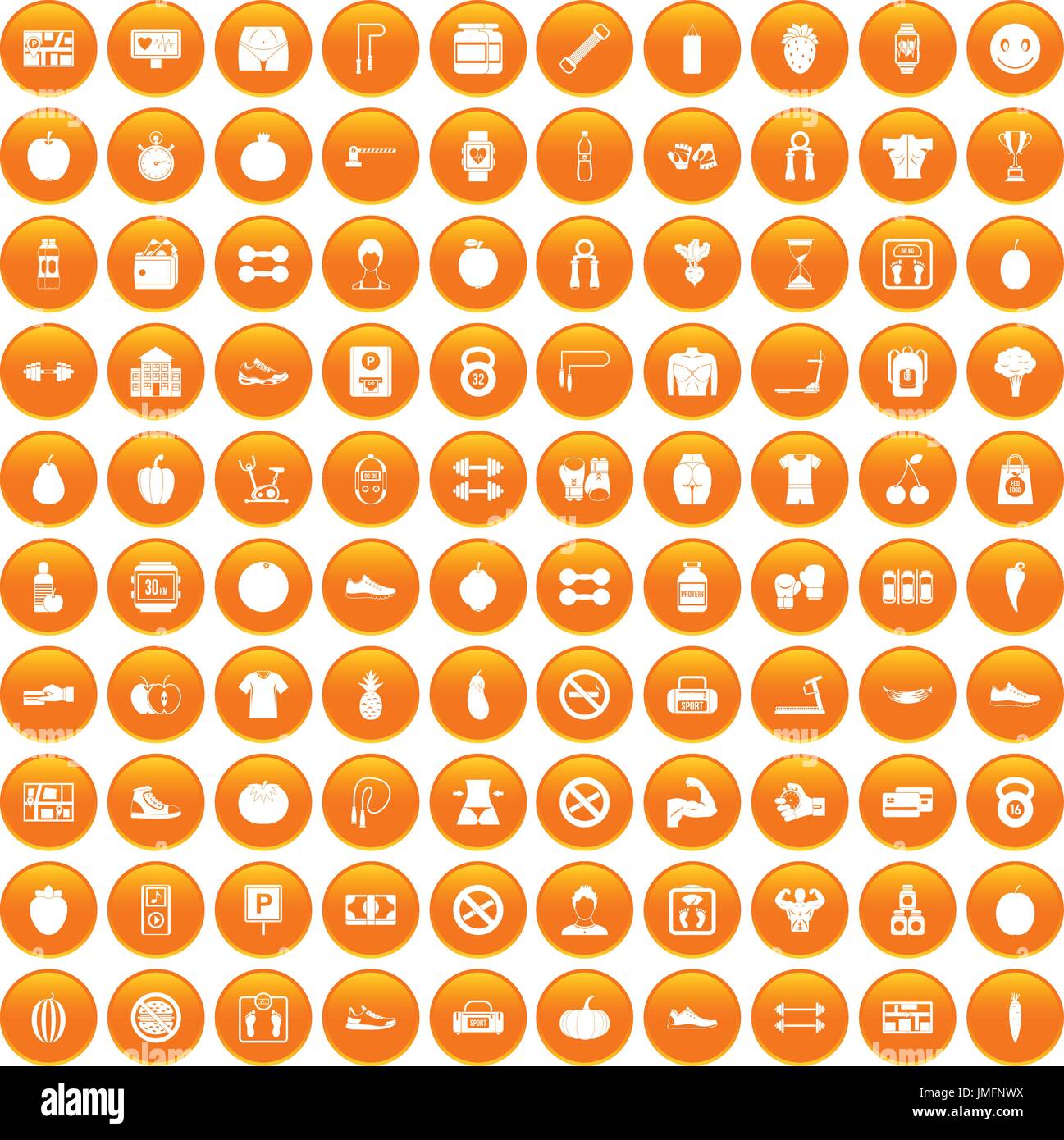 100 gym icons set orange Stock Vector