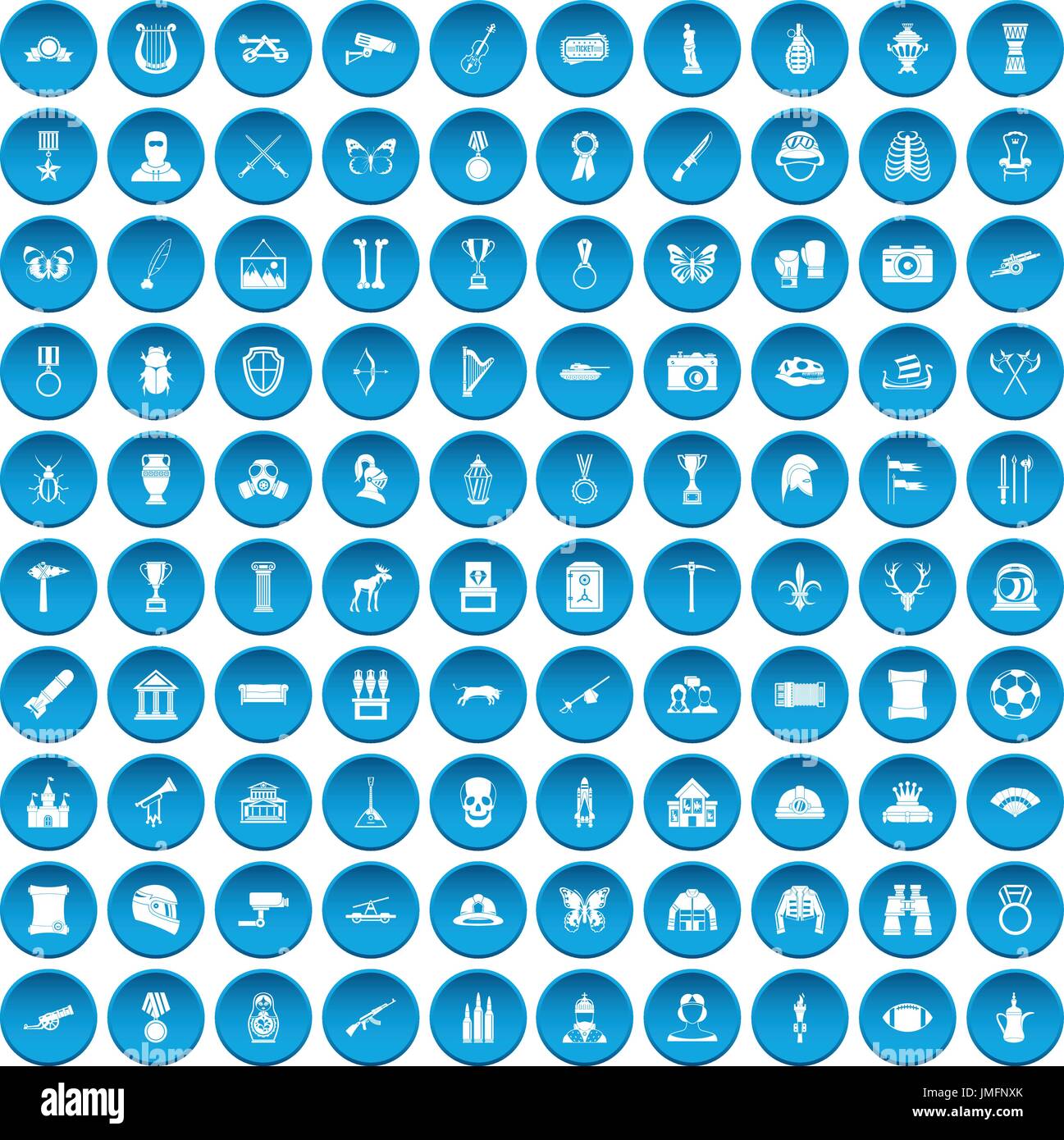 100 museum icons set blue Stock Vector
