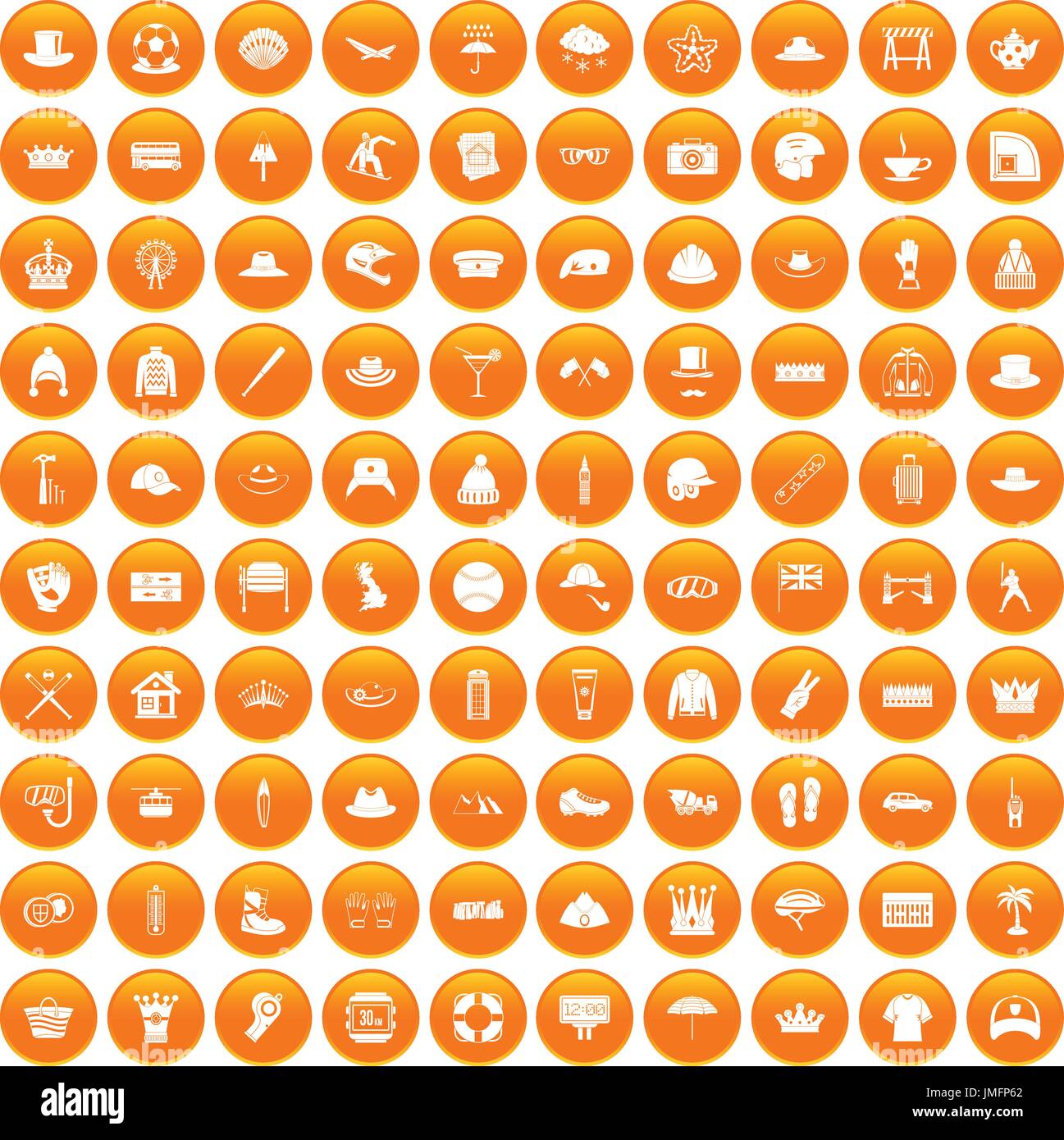100 hat icons set orange Stock Vector
