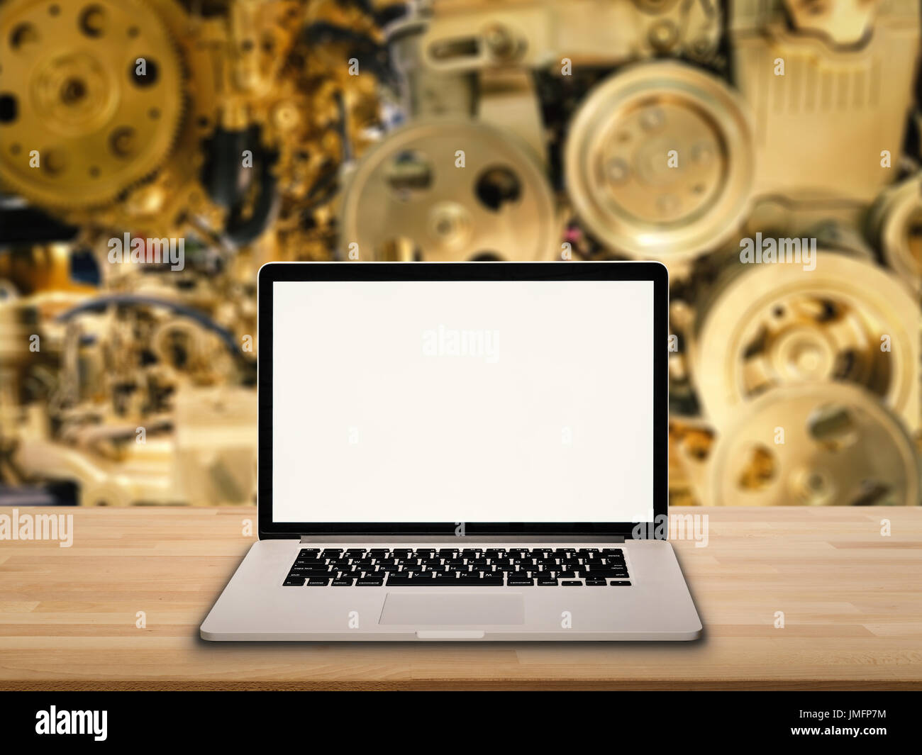 blank screen notebook on wooden table Stock Photo