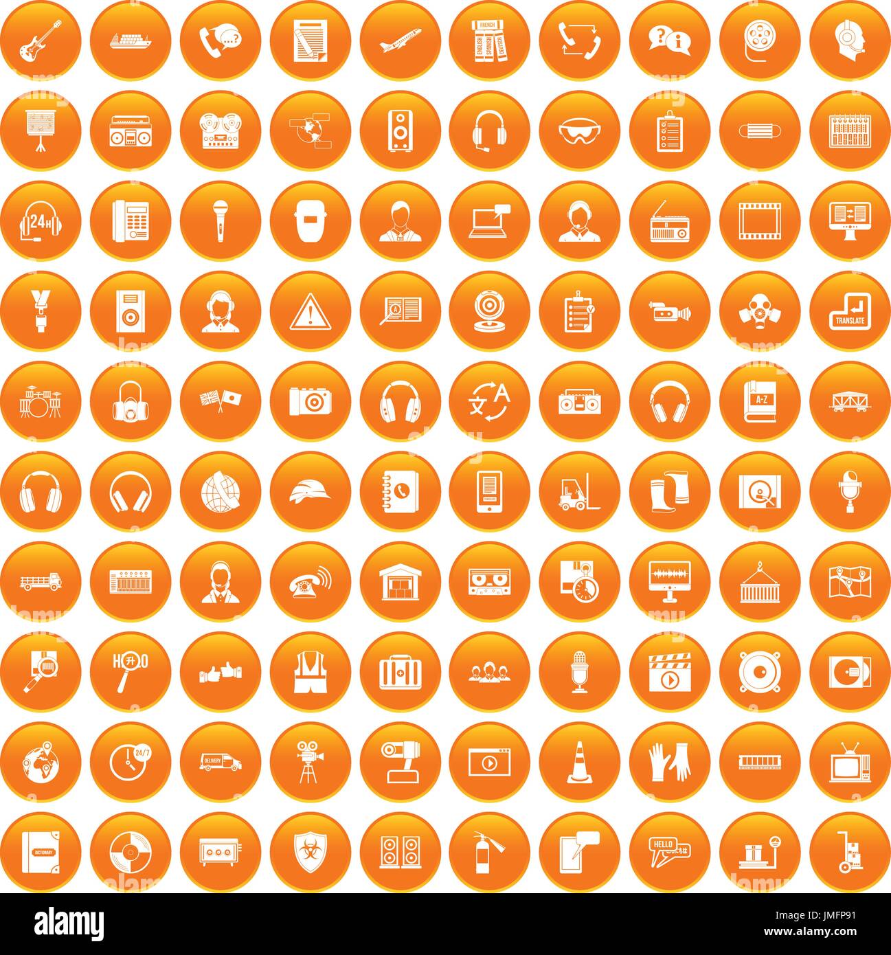 100 headphones icons set orange Stock Vector