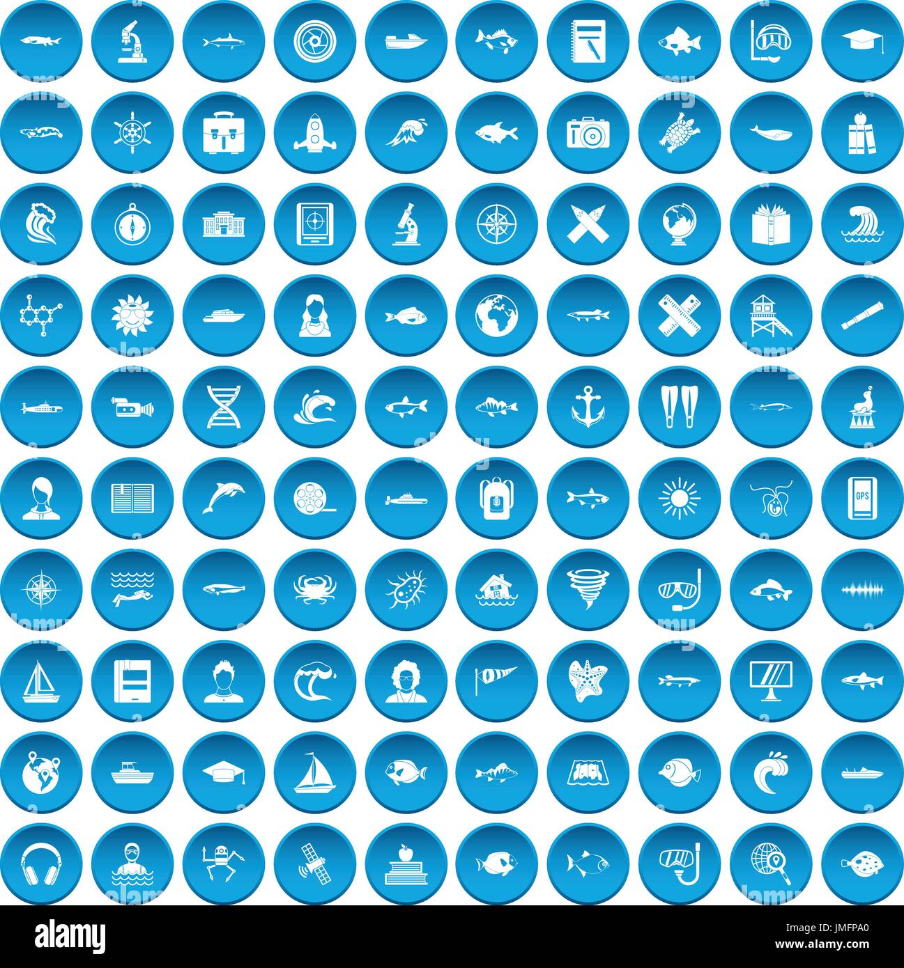 100 oceanologist icons set blue Stock Vector