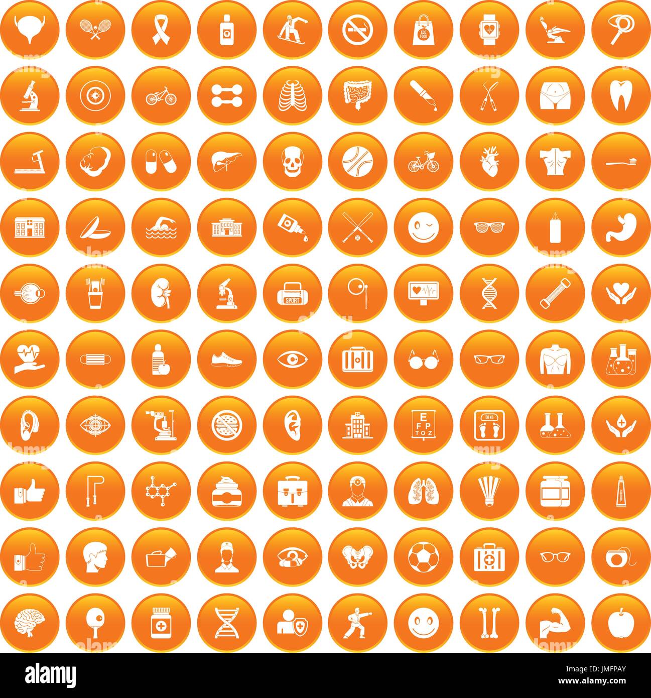100 health icons set orange Stock Vector