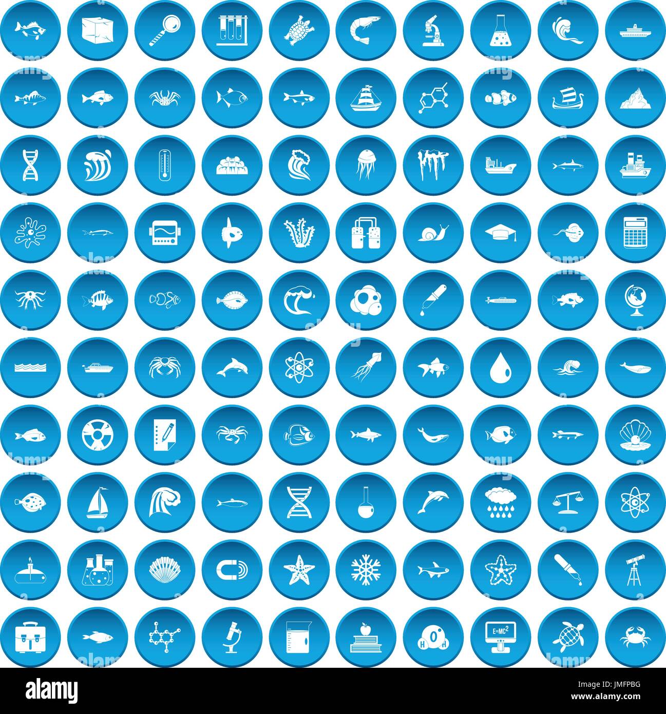 100 oceanology icons set blue Stock Vector