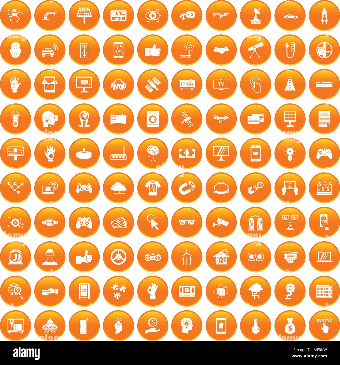 100 hi-tech icons set orange Stock Vector
