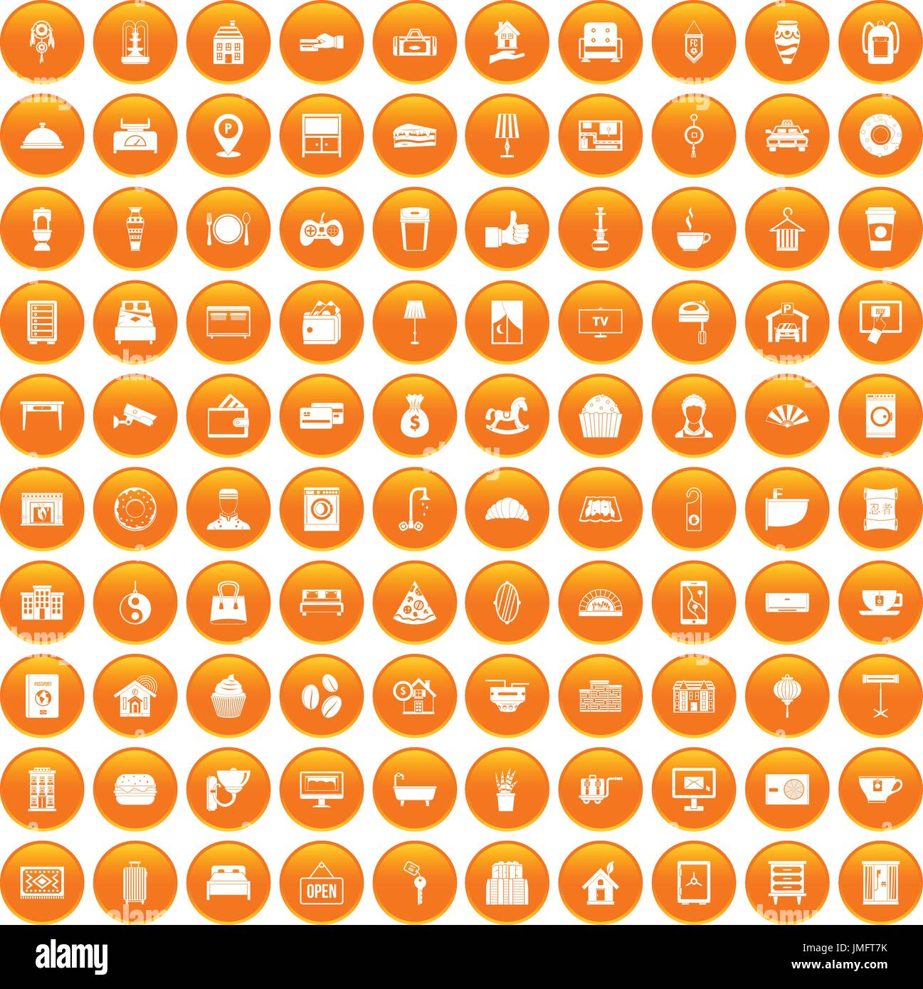 100 hotel icons set orange Stock Vector