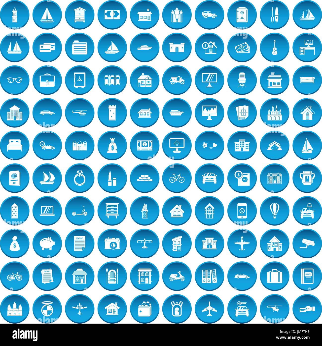 100 property icons set blue Stock Vector