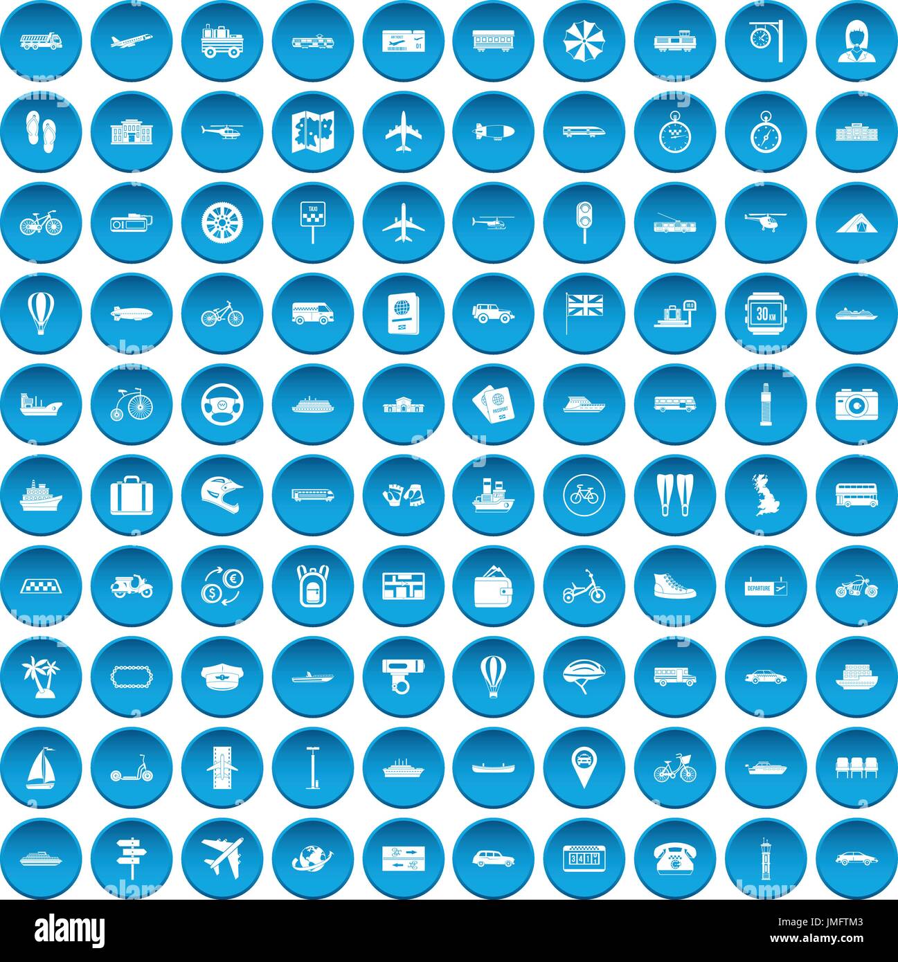 100 public transport icons set blue Stock Vector