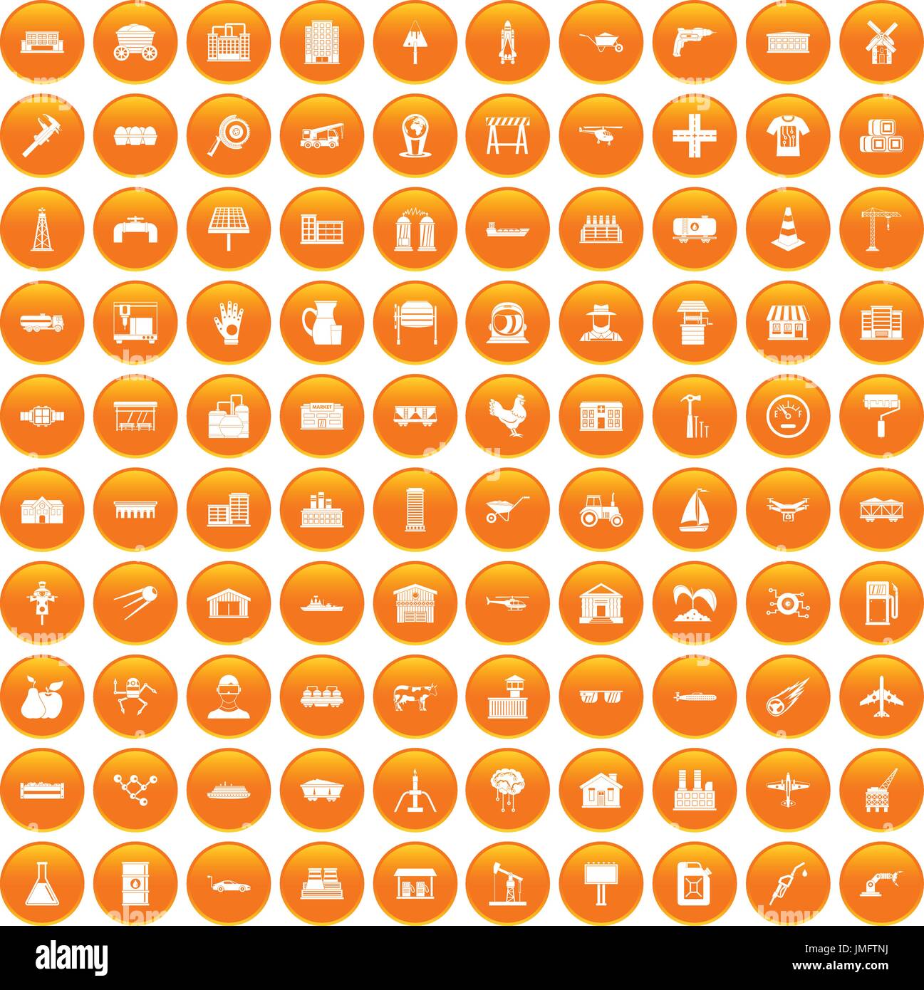 100 industry icons set orange Stock Vector