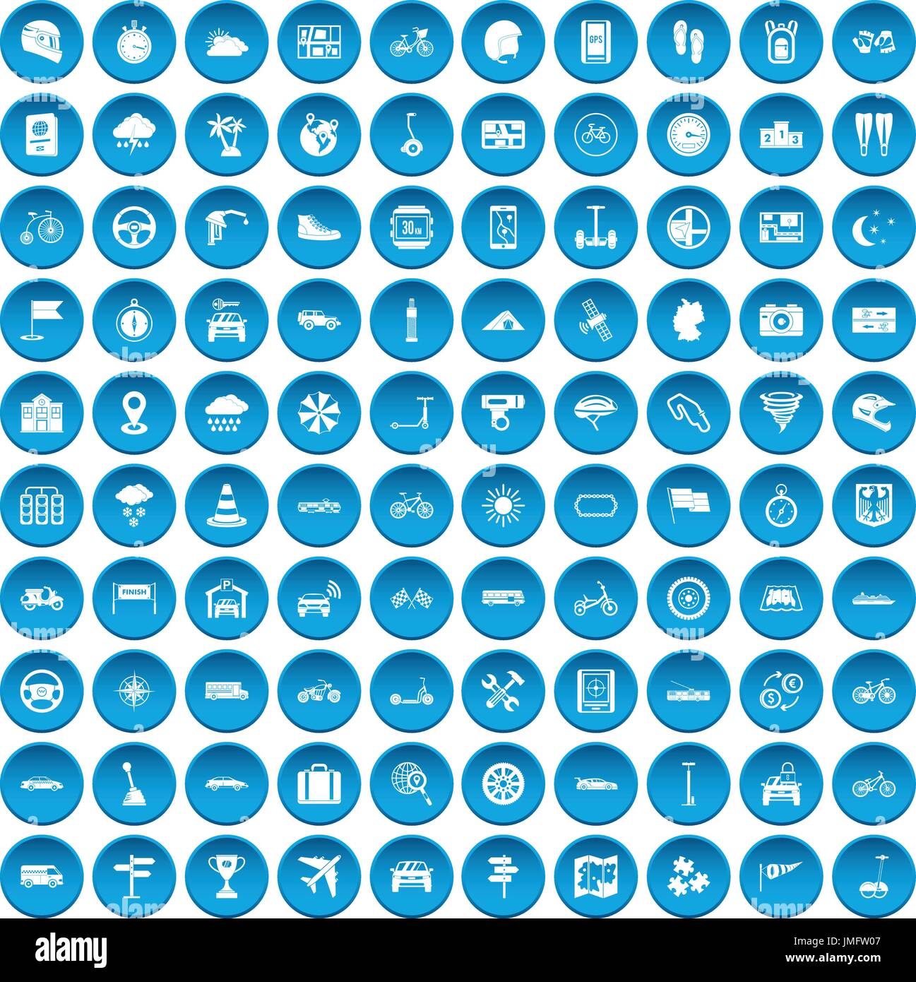 100 ride icons set blue Stock Vector