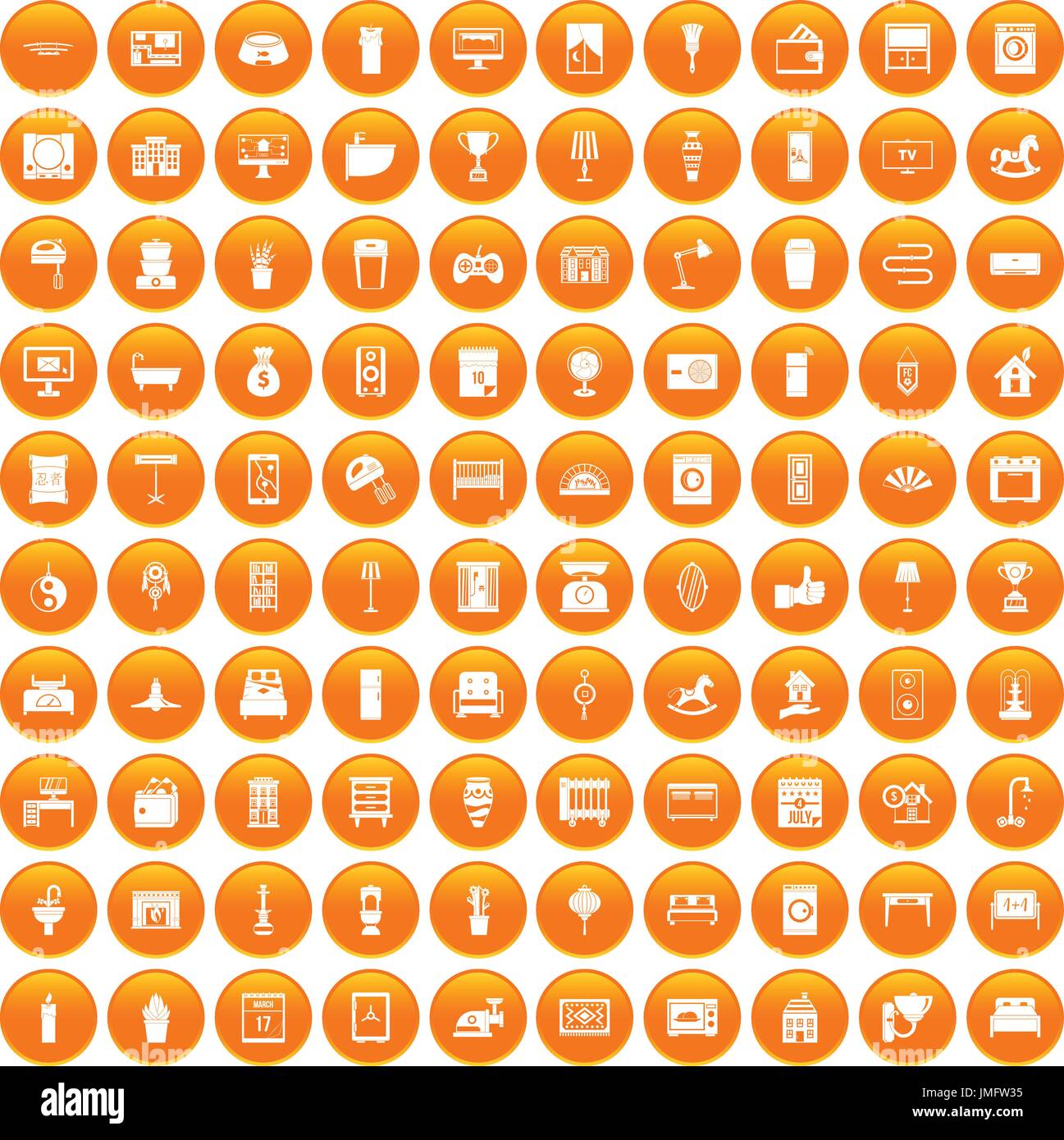 100 interior icons set orange Stock Vector