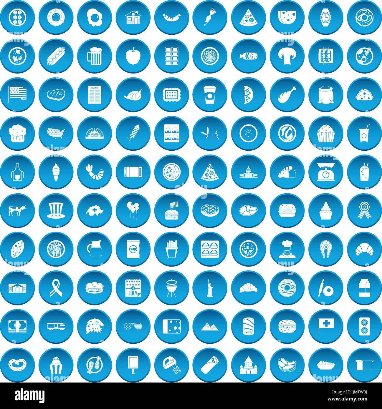 100 sandwich icons set blue Stock Vector