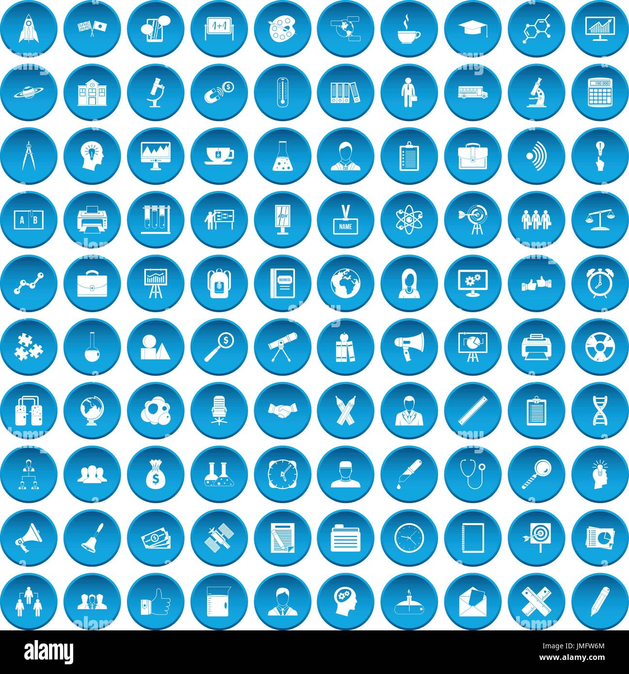 100 seminar icons set blue Stock Vector