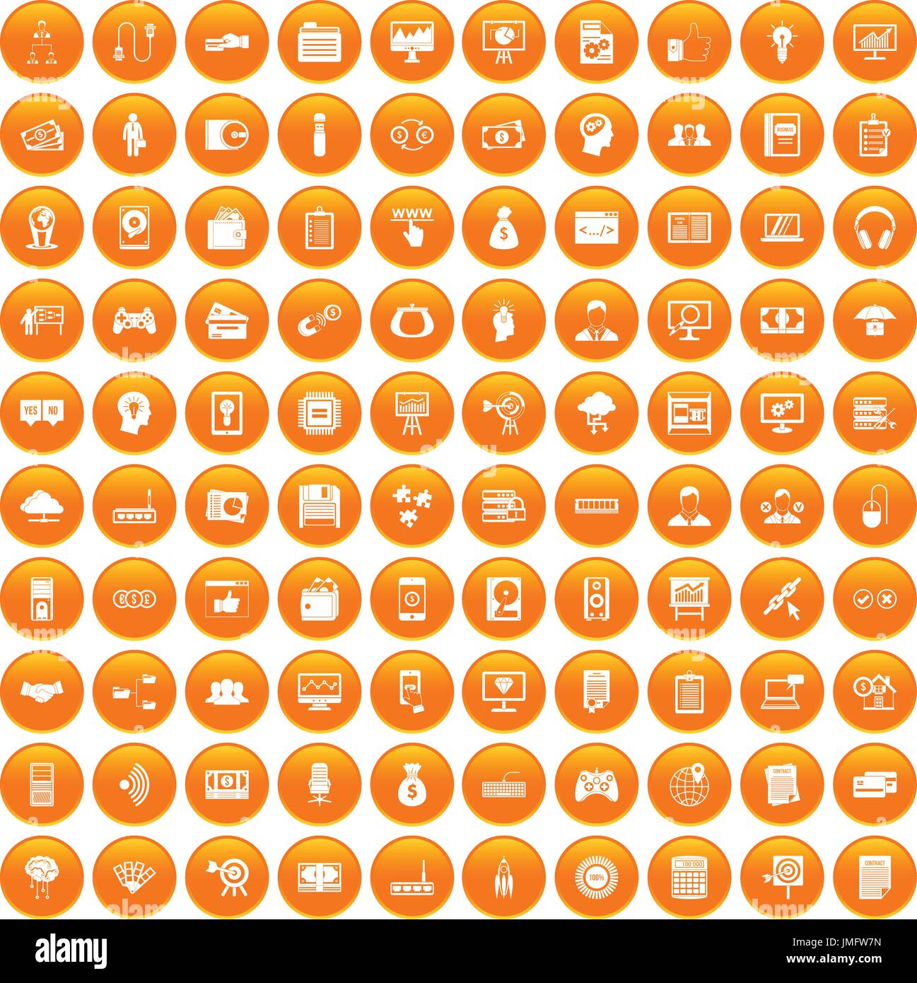 100 IT business icons set orange Stock Vector