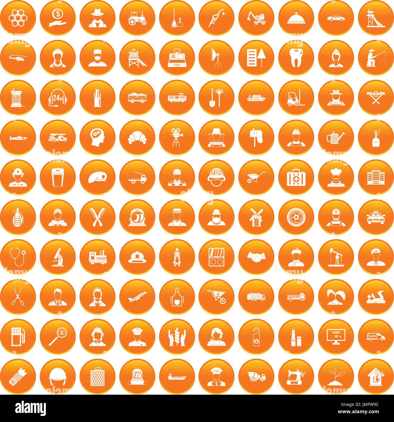 100 job icons set orange Stock Vector