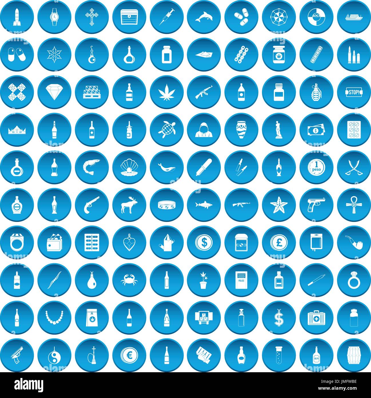 100 smuggling goods icons set blue Stock Vector