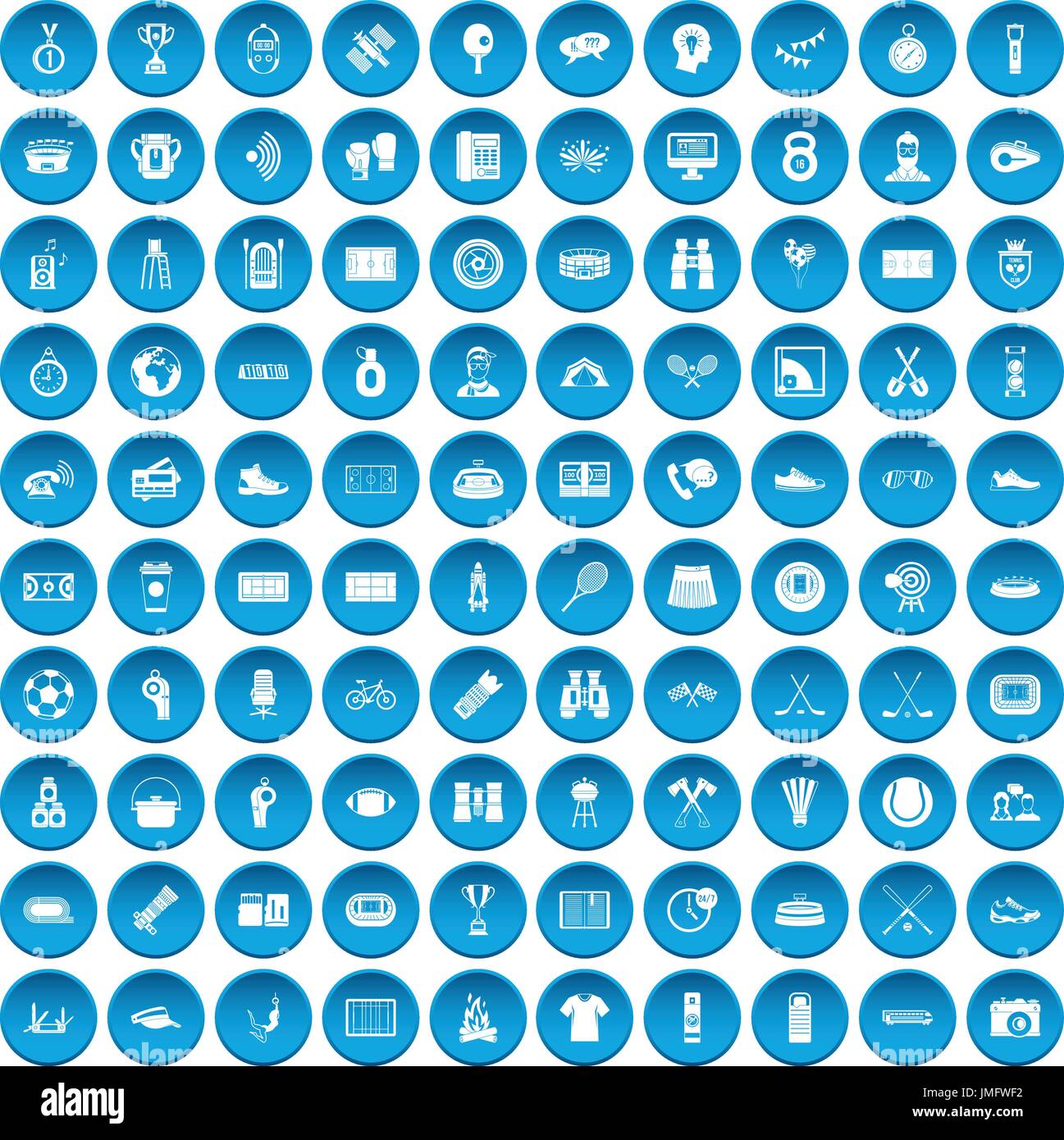 100 sport journalist icons set blue Stock Vector